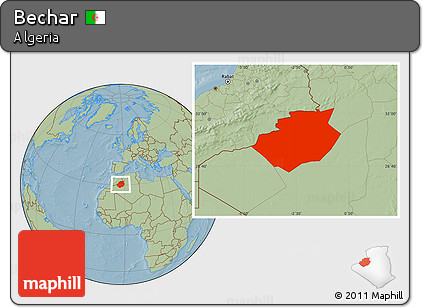 Savanna Style Location Map of Bechar, hill shading
