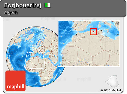 Shaded Relief Location Map of Borjbouarirej, within the entire country