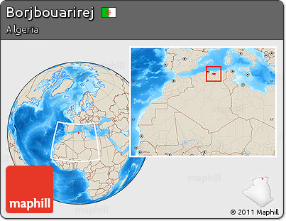 Shaded Relief Location Map of Borjbouarirej, within the entire country