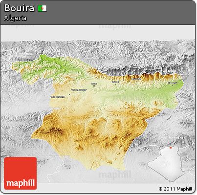 Physical 3D Map of Bouira, lighten, desaturated