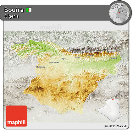 Physical 3D Map of Bouira, lighten, semi-desaturated