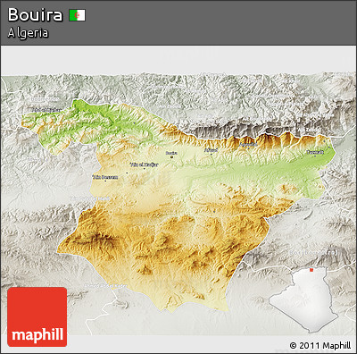 Physical 3D Map of Bouira, lighten, semi-desaturated