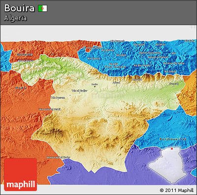 Physical 3D Map of Bouira, political outside