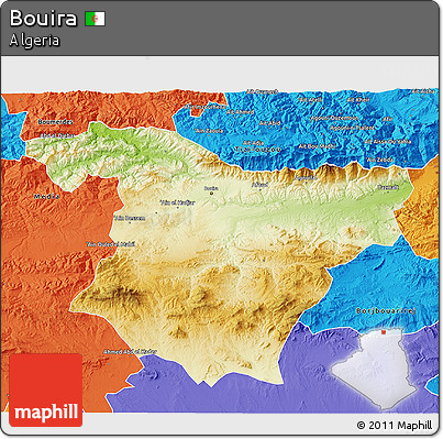 Physical 3D Map of Bouira, political outside