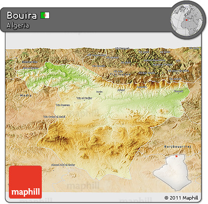 Physical 3D Map of Bouira, satellite outside