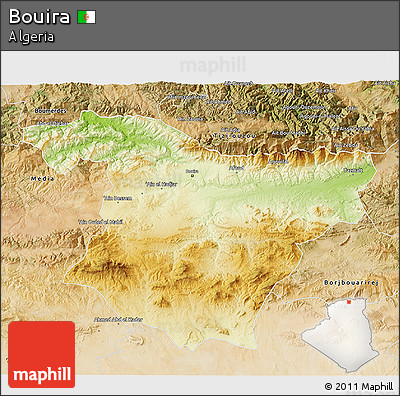 Physical 3D Map of Bouira, satellite outside