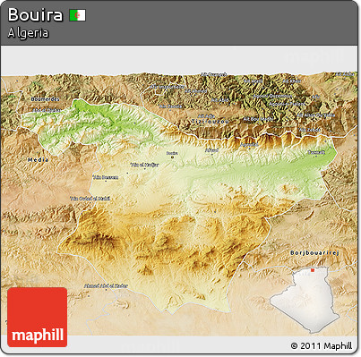 Physical 3D Map of Bouira, satellite outside