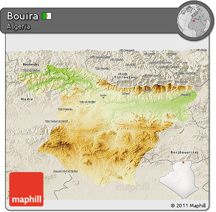 Physical 3D Map of Bouira, shaded relief outside