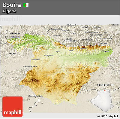 Physical 3D Map of Bouira, shaded relief outside