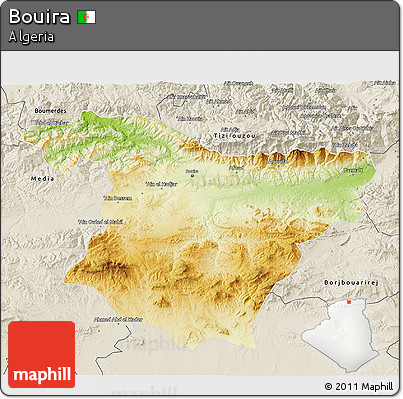 Physical 3D Map of Bouira, shaded relief outside