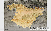 Satellite 3D Map of Bouira, darken, semi-desaturated