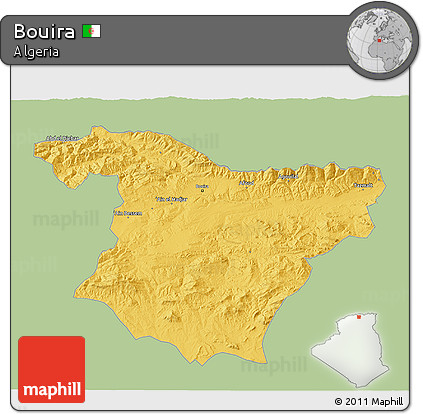 Savanna Style 3D Map of Bouira, single color outside