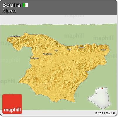 Savanna Style 3D Map of Bouira, single color outside