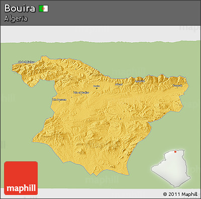 Savanna Style 3D Map of Bouira, single color outside