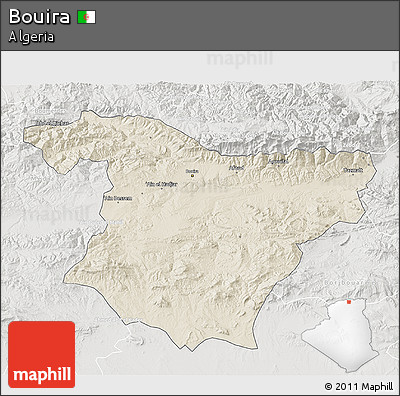 Shaded Relief 3D Map of Bouira, lighten, semi-desaturated