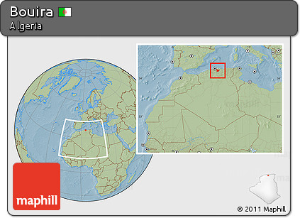 Savanna Style Location Map of Bouira, within the entire country, hill shading