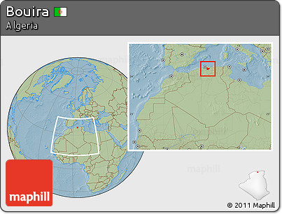 Savanna Style Location Map of Bouira, within the entire country, hill shading