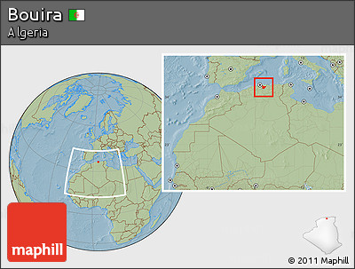 Savanna Style Location Map of Bouira, within the entire country, hill shading