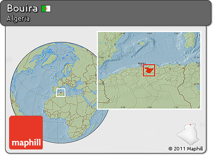 Savanna Style Location Map of Bouira, hill shading