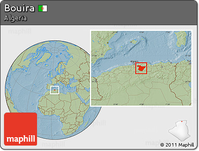 Savanna Style Location Map of Bouira, hill shading