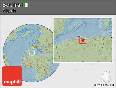 Savanna Style Location Map of Bouira, hill shading
