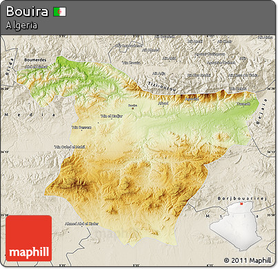 Physical Map of Bouira, shaded relief outside