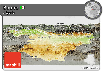 Physical Panoramic Map of Bouira, darken, semi-desaturated