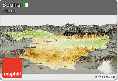 Physical Panoramic Map of Bouira, darken, semi-desaturated