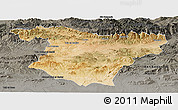 Satellite Panoramic Map of Bouira, darken, semi-desaturated