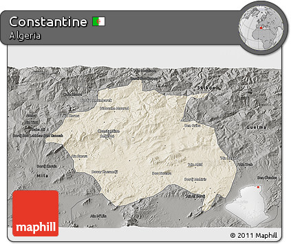 Shaded Relief 3D Map of Constantine, darken, semi-desaturated