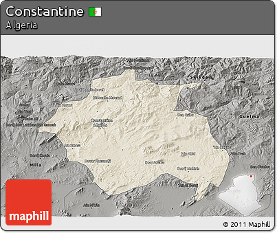 Shaded Relief 3D Map of Constantine, darken, semi-desaturated