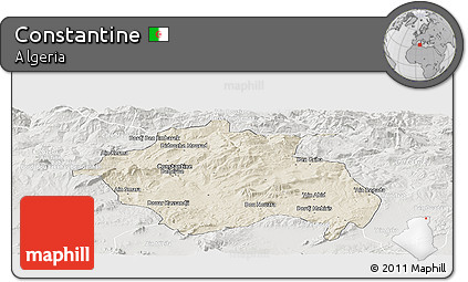 Shaded Relief Panoramic Map of Constantine, lighten, semi-desaturated