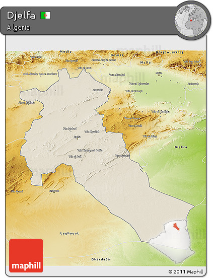 Shaded Relief 3D Map of Djelfa, physical outside