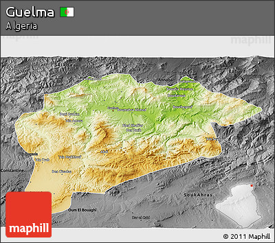 Physical 3D Map of Guelma, darken, desaturated