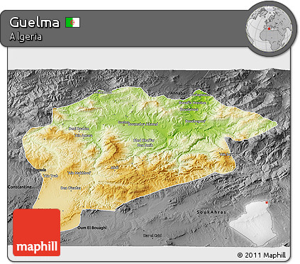 Physical 3D Map of Guelma, darken, desaturated