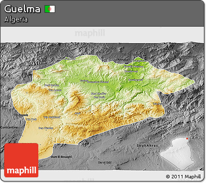 Physical 3D Map of Guelma, darken, desaturated
