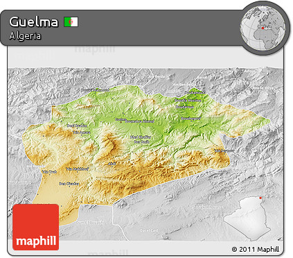 Physical 3D Map of Guelma, lighten, desaturated
