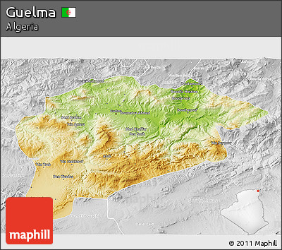Physical 3D Map of Guelma, lighten, desaturated