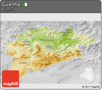 Physical 3D Map of Guelma, lighten, desaturated