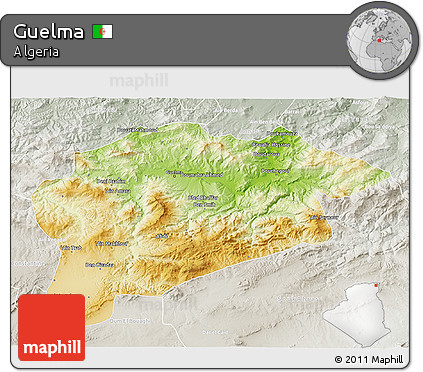 Physical 3D Map of Guelma, lighten, semi-desaturated