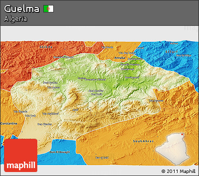 Physical 3D Map of Guelma, political outside