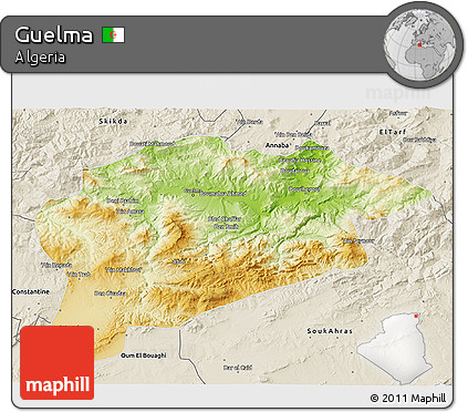 Physical 3D Map of Guelma, shaded relief outside