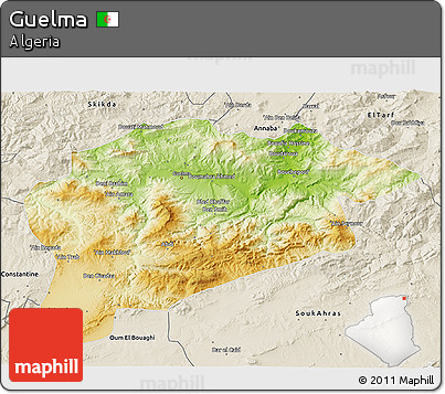 Physical 3D Map of Guelma, shaded relief outside