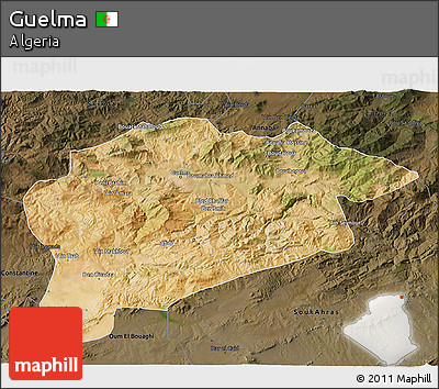 Satellite 3D Map of Guelma, darken