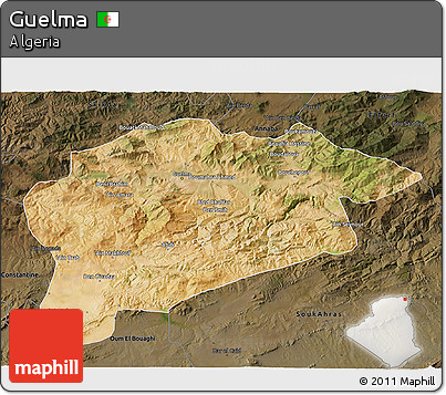 Satellite 3D Map of Guelma, darken