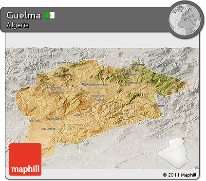 Satellite 3D Map of Guelma, lighten, semi-desaturated
