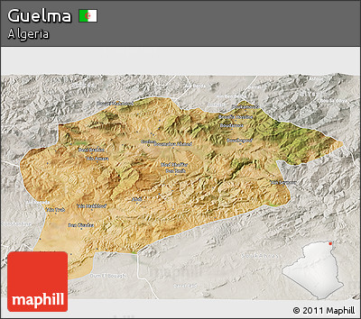 Satellite 3D Map of Guelma, lighten, semi-desaturated