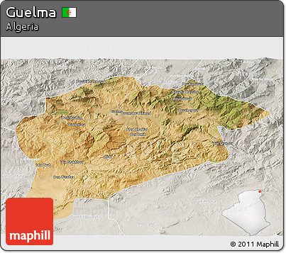 Satellite 3D Map of Guelma, lighten, semi-desaturated