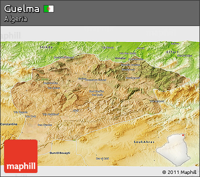 Satellite 3D Map of Guelma, physical outside