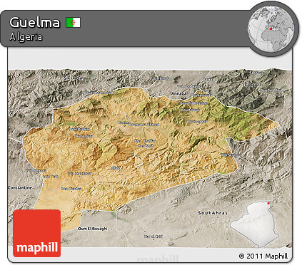 Satellite 3D Map of Guelma, semi-desaturated